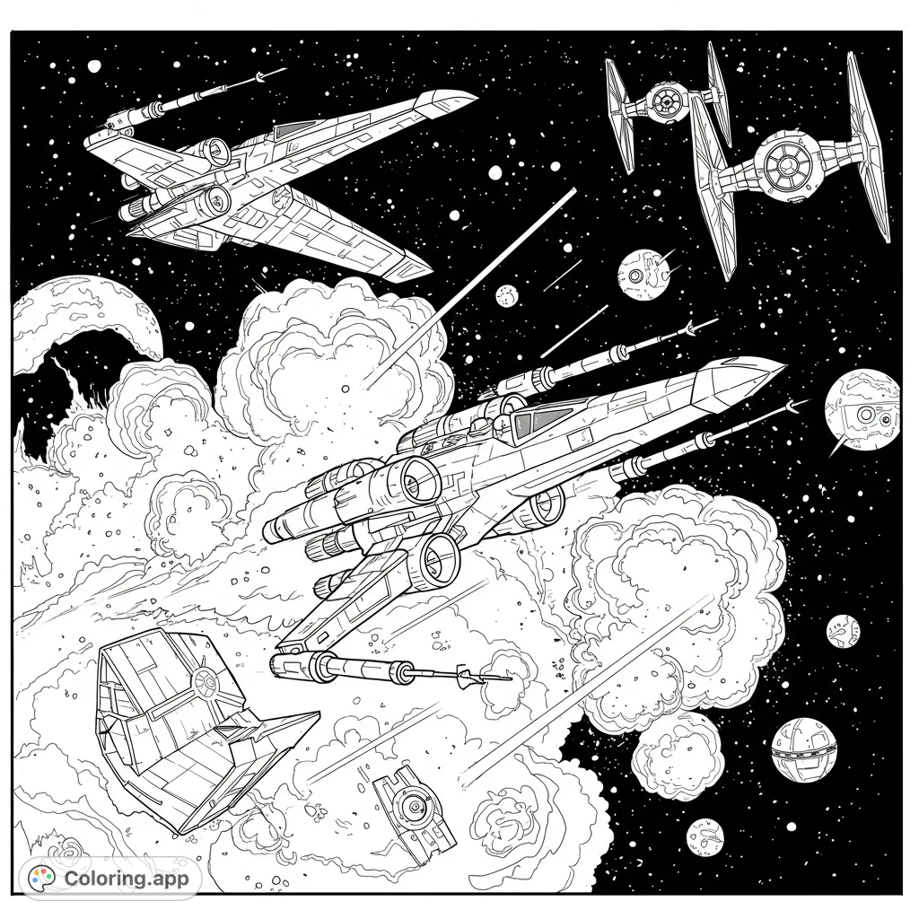 An epic Star Wars space battle coloring page! Featuring detailed spaceships, explosions, and dynamic action.