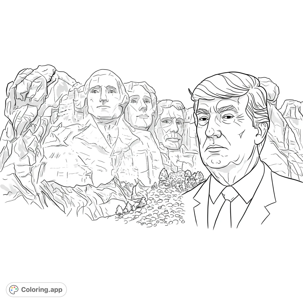 Mount Rushmore coloring page featuring Donald Trump. Bold, clean lines with detailed carvings and open spaces for easy coloring.
