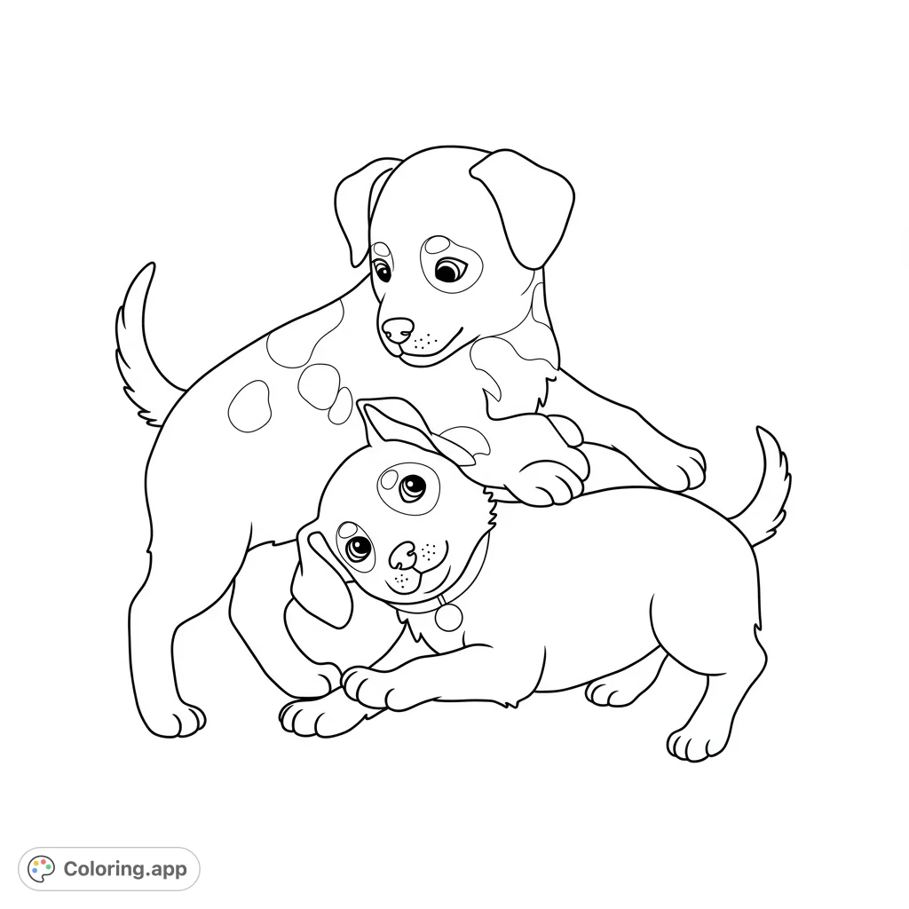 Adorable coloring page featuring two playful puppies! This black and white line drawing has clean lines, detailed areas, and open spaces for easy coloring.