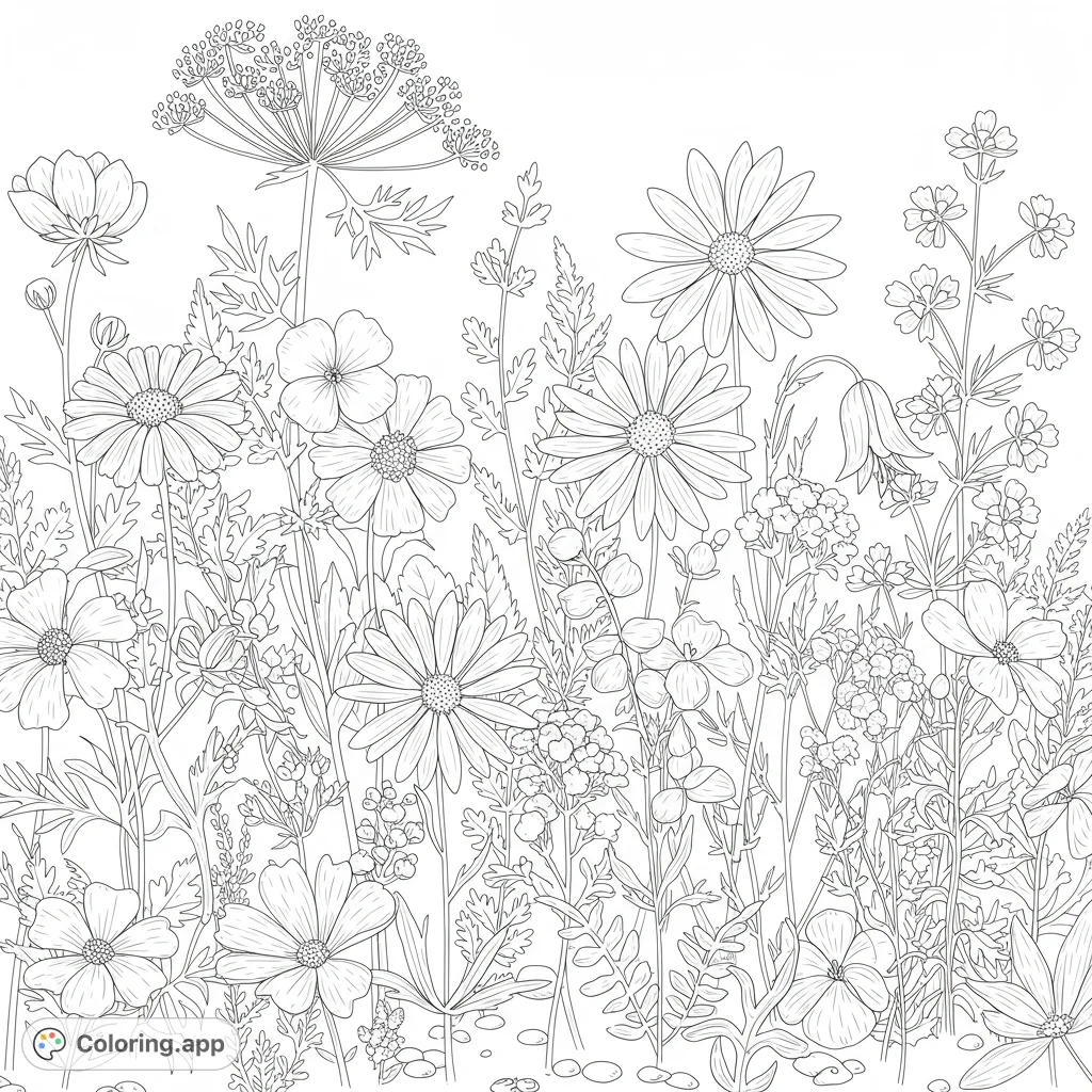 Detailed botanical illustration of wildflowers. Features a naturalistic arrangement with clean lines and open spaces for coloring.