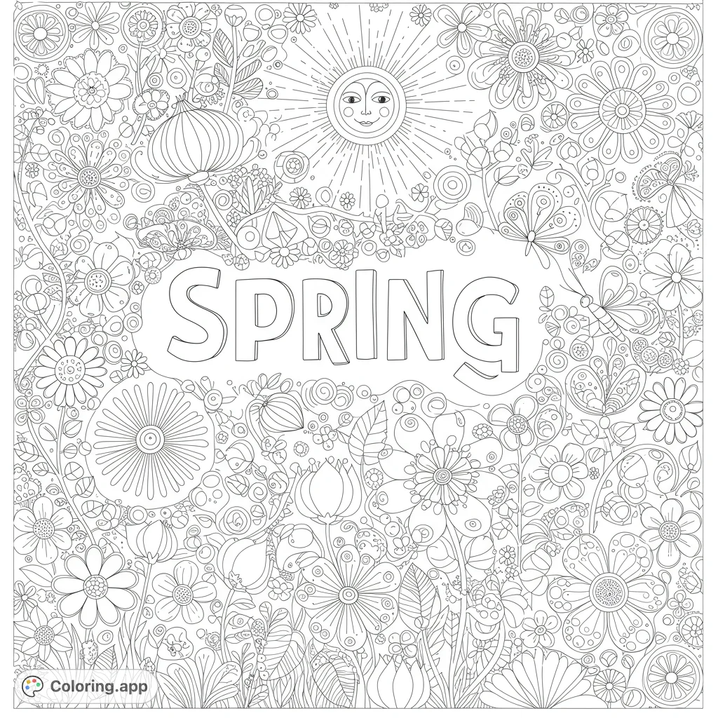A beautiful spring scene coloring page with flowers, butterflies, and sunshine. Features clean lines, detailed elements, and open spaces for easy coloring.