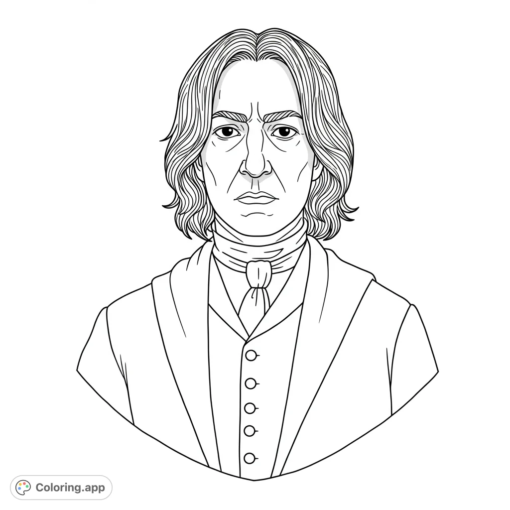 Professor Snape coloring page. A detailed black and white line drawing of the potions master, featuring clean lines and open spaces for easy coloring.