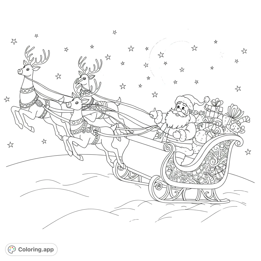Santa and his reindeer take flight in this festive coloring page! Featuring clean lines, detailed elements, and open spaces for easy coloring.