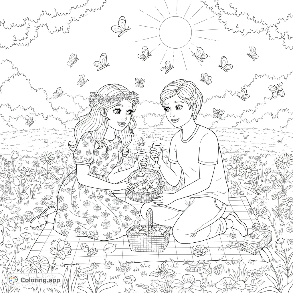 Whimsical coloring page of a lesbian couple enjoying a picnic in a meadow filled with butterflies. Features clean lines and open spaces for easy coloring.