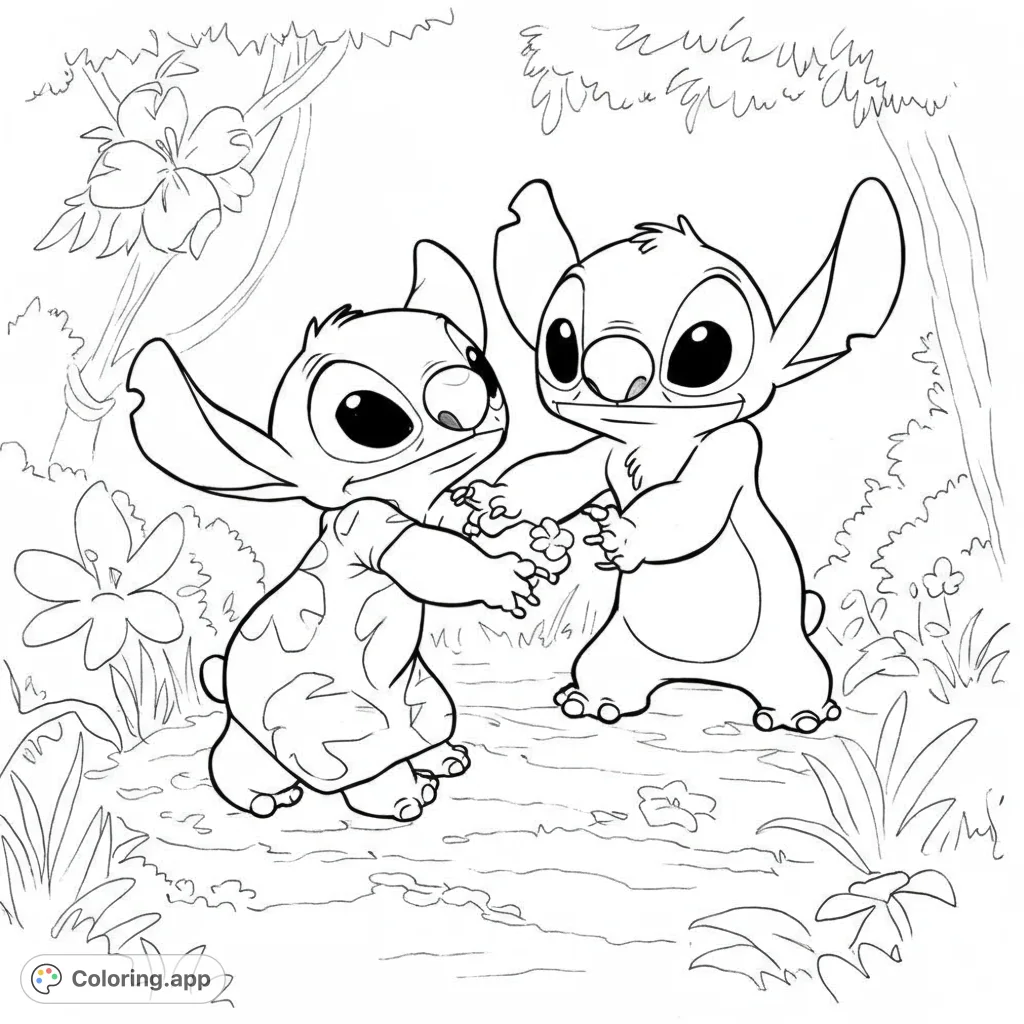 Adorable Lilo and Stitch coloring page! Features the beloved Disney duo in a playful scene with bold, clean lines and open spaces for easy coloring.