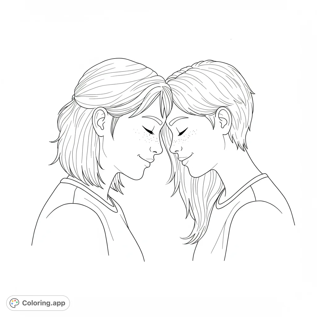 A tender coloring page of a lesbian couple sharing a loving moment. Foreheads touching, eyes closed.