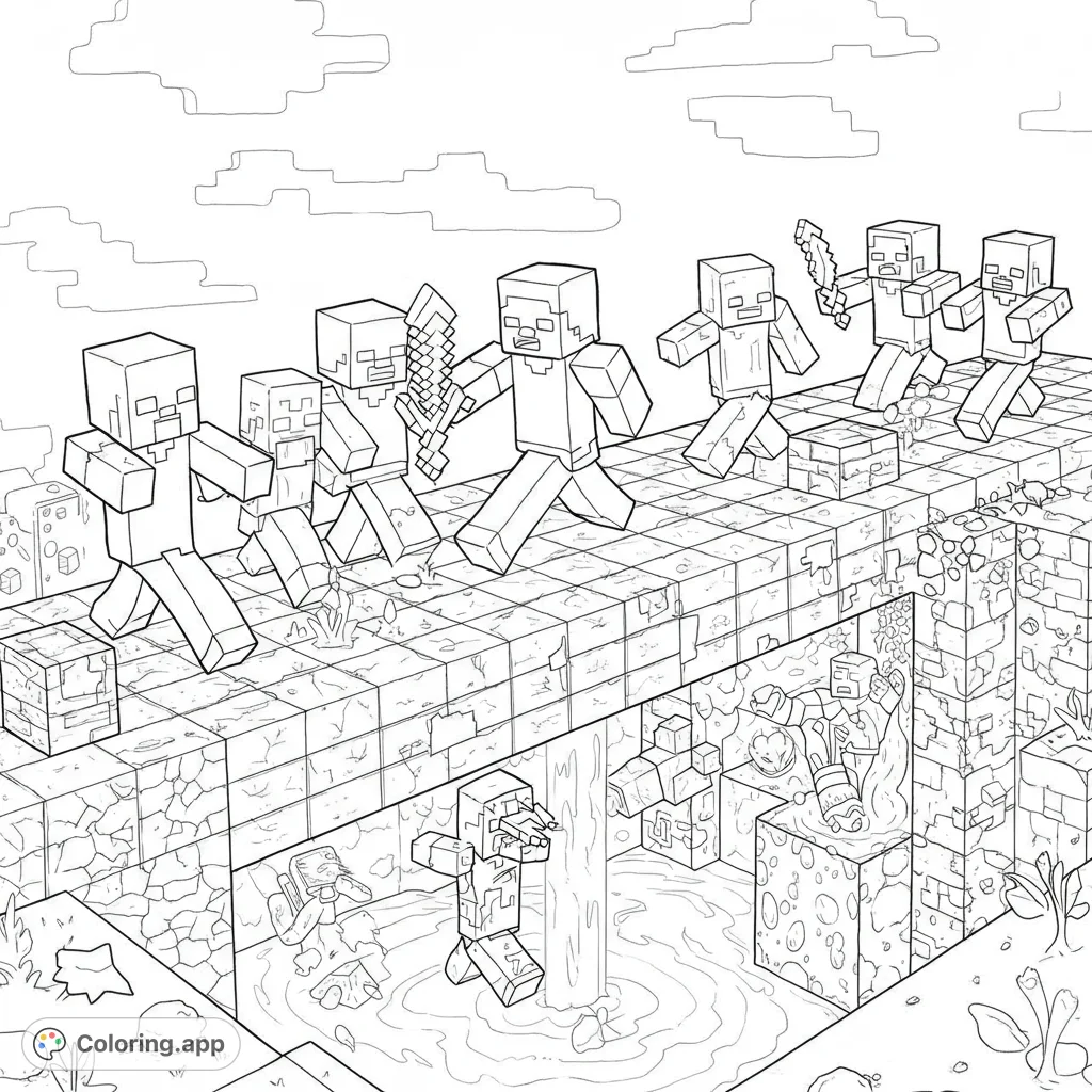Minecraft zombies chase a player across a blocky bridge over lava! Dynamic scene with clean lines and open spaces for easy coloring.