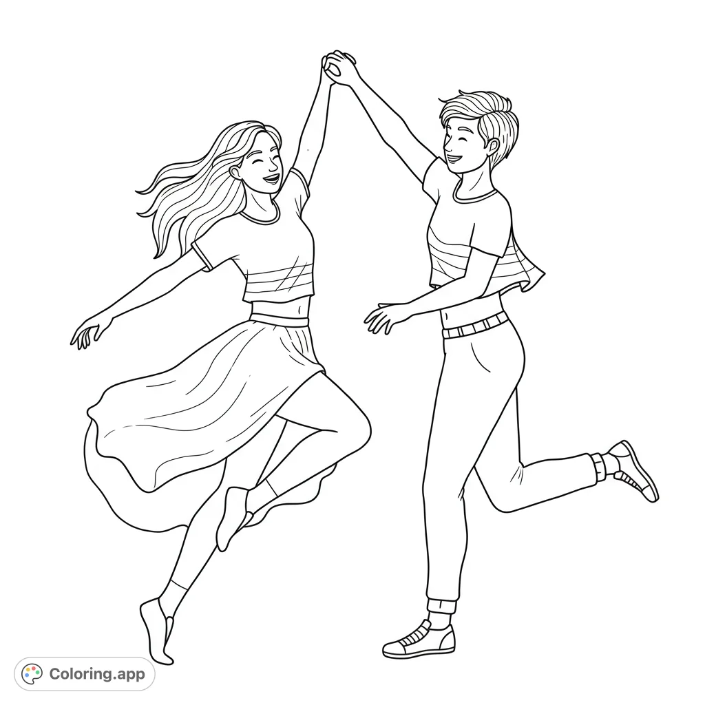 Joyful lesbian couple dancing! A dynamic, black and white line art coloring page.