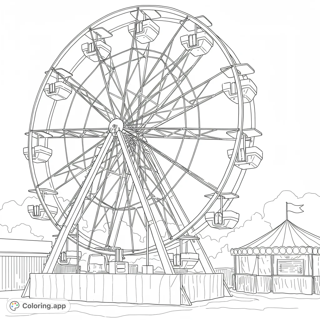 A detailed black and white line drawing of a Ferris wheel at a fair, perfect for coloring. Features clean lines, open spaces, and intricate details for creative fun.