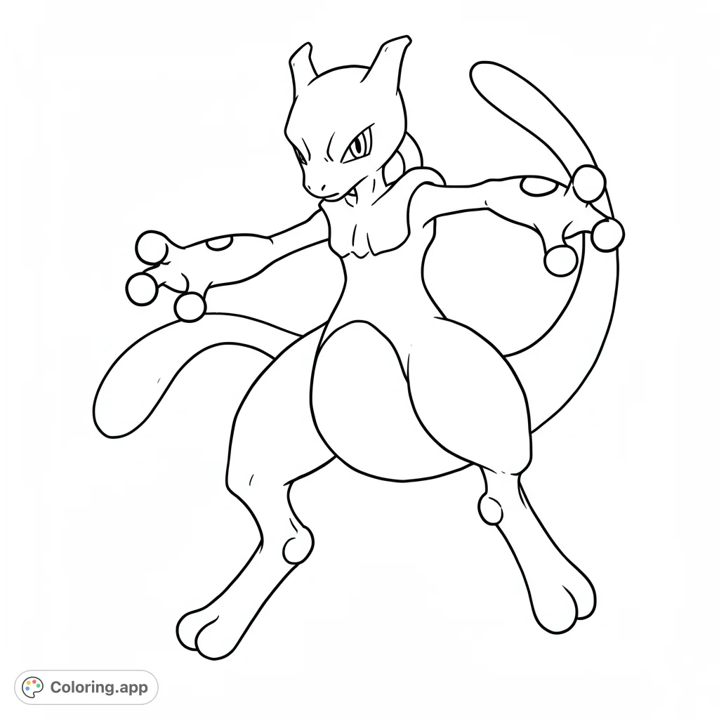 Mewtwo coloring page. A detailed black and white line drawing of Mewtwo in a dynamic pose, perfect for kids and Pokemon fans.