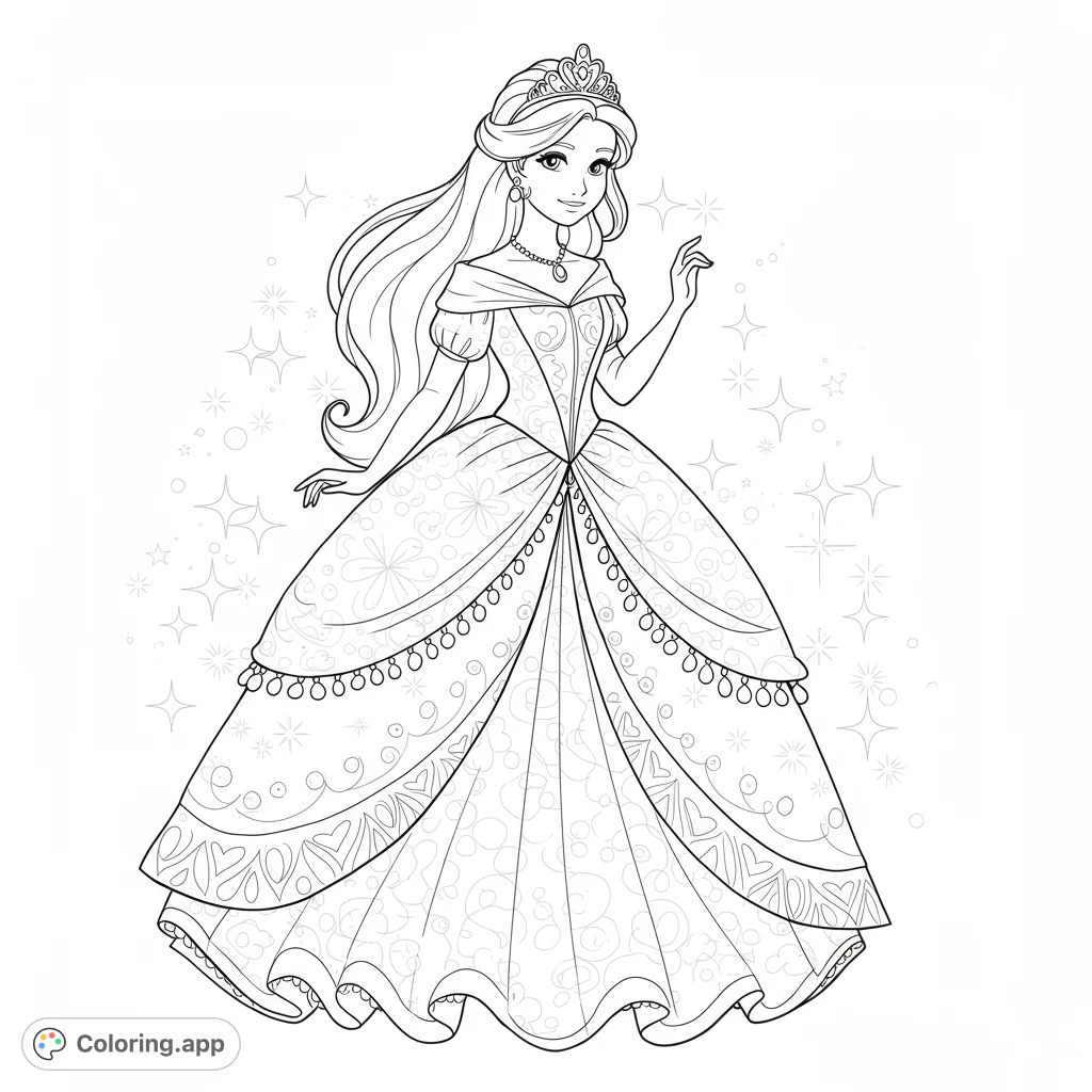 A beautiful princess in a flowing gown, ready for coloring! This black and white line drawing features clean lines, detailed patterns, and open spaces for creative fun.