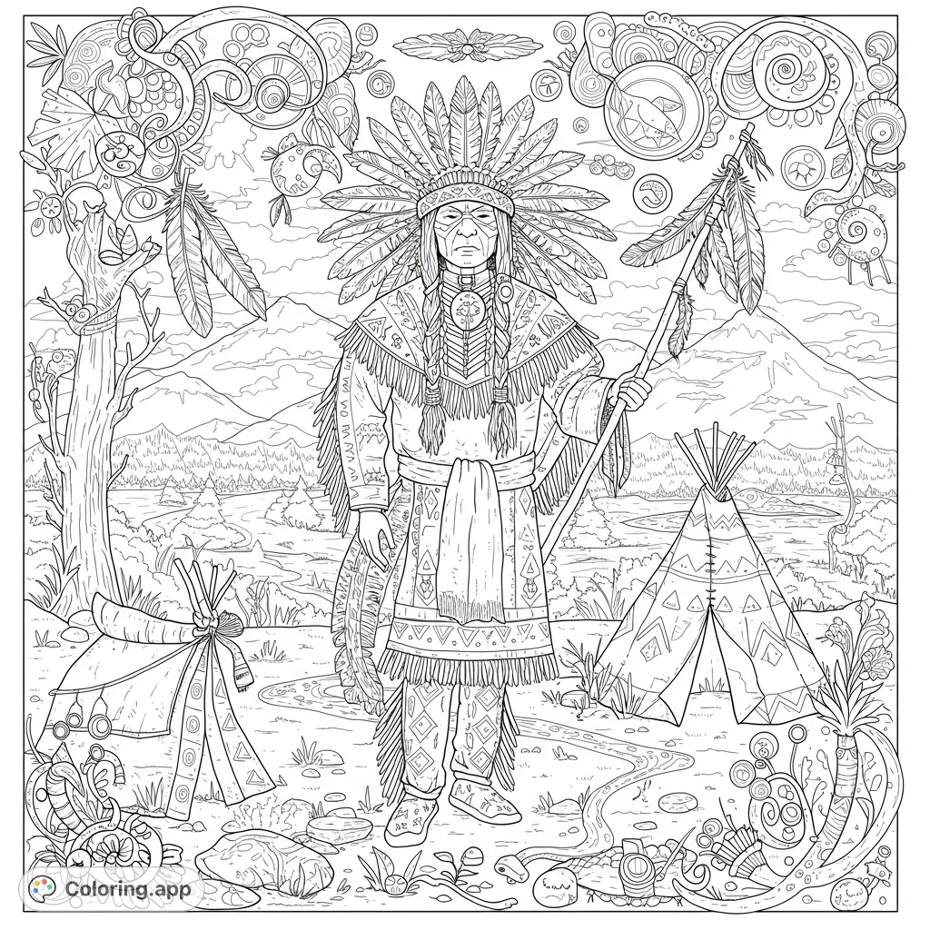 Intricate Native American coloring page featuring a detailed tribal design with feathers, geometric patterns, and a serene landscape. Perfect for adults and kids.