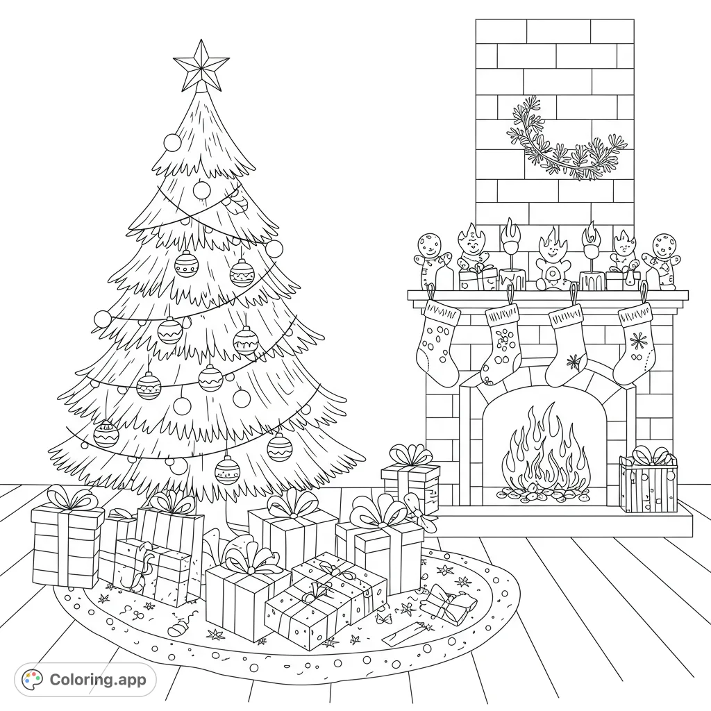 Festive Christmas coloring page! Features a detailed illustration of holiday elements with clean lines and open spaces for easy coloring.
