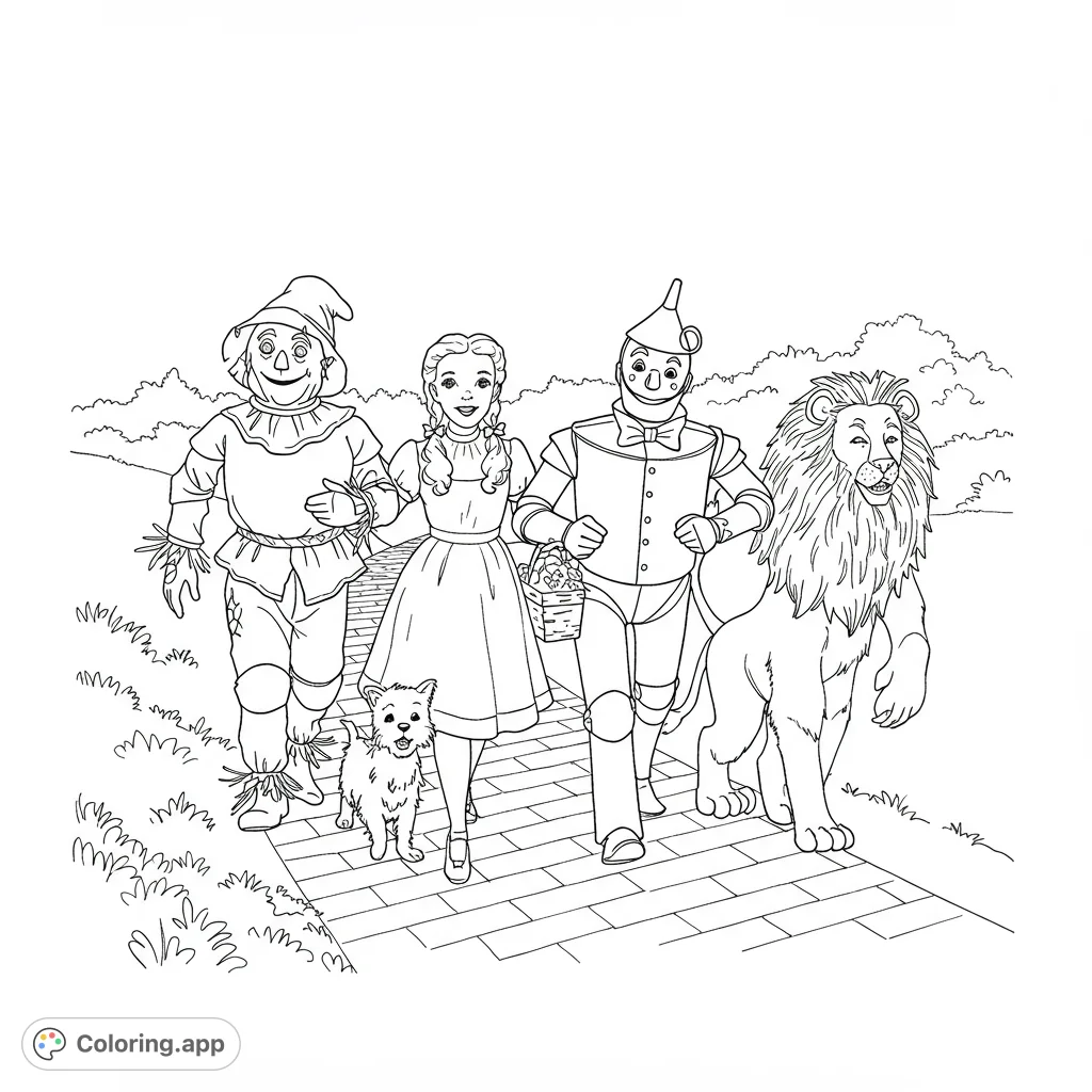 Join Dorothy, Toto, Scarecrow, Tin Man, and Lion on the Yellow Brick Road! A detailed, whimsical black and white line art coloring page for all ages.