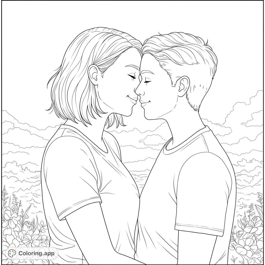 A tender moment: a loving lesbian couple shares a close embrace. This black and white line art coloring page features clean lines and open spaces for easy coloring.