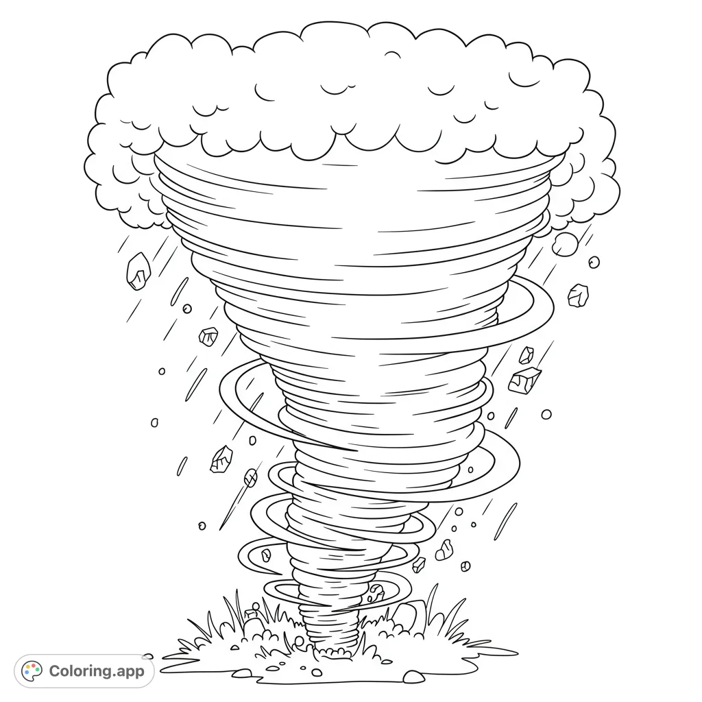 A dramatic coloring page featuring a wild, gigantic tornado. Bold, clean lines and open spaces create a dynamic scene perfect for colorists of all ages.