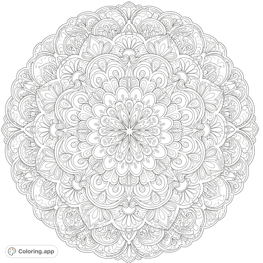 Intricate floral mandala coloring page. Symmetrical design with diverse flower patterns, perfect for relaxation and creative expression.
