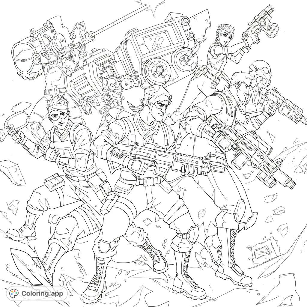 Fortnite coloring page featuring a dynamic action scene with popular characters and weapons. Bold, clean lines and varied details for all ages.