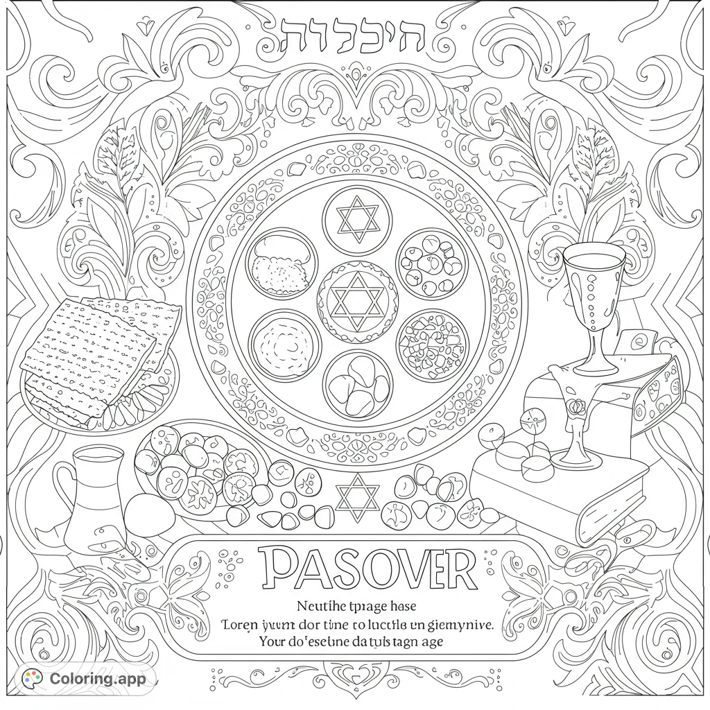Celebrate Passover with this detailed coloring page! Features a Seder plate, matzah, and other symbolic elements.