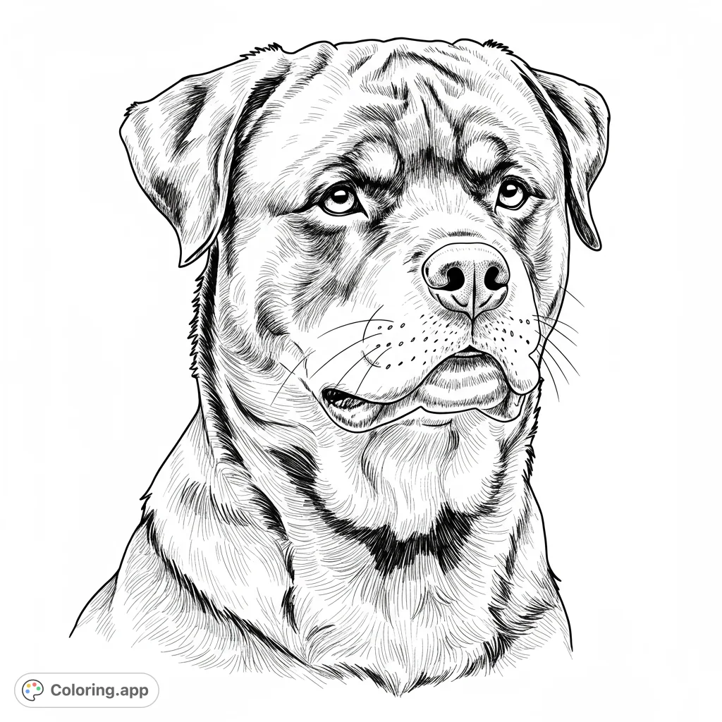 Detailed Rottweiler coloring page. Features a majestic dog with bold, clean lines and open spaces for easy coloring.