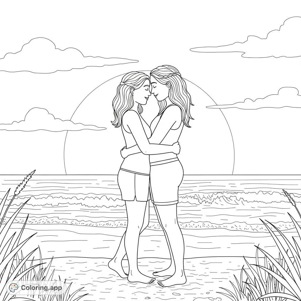 Romantic coloring page of a lesbian couple silhouetted on a beach at sunset. Features bold outlines, detailed elements, and open spaces for coloring.