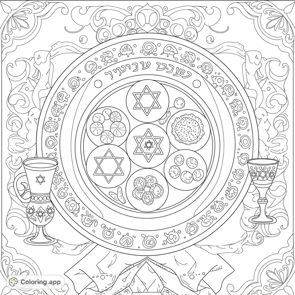 Celebrate Passover with this detailed black and white line art coloring page! Features a Seder plate, matzah, and other symbolic elements.