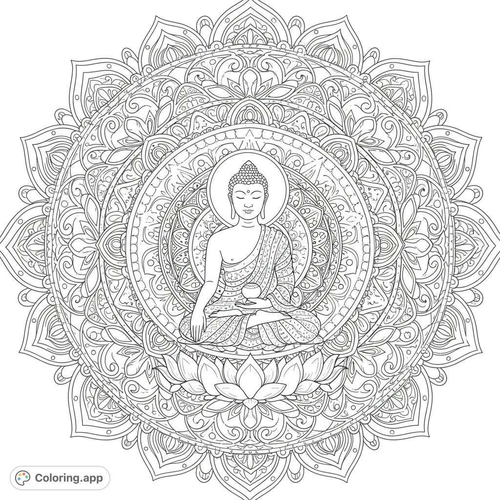 Intricate Buddhist mandala coloring page. Features detailed patterns, serene figures, and balanced open spaces for creative coloring.