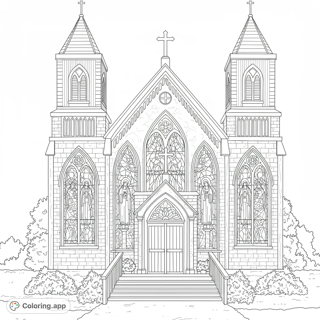 A detailed Catholic coloring page featuring a serene depiction of a church with stained glass windows and a cross. Perfect for kids and adults to color and enjoy.