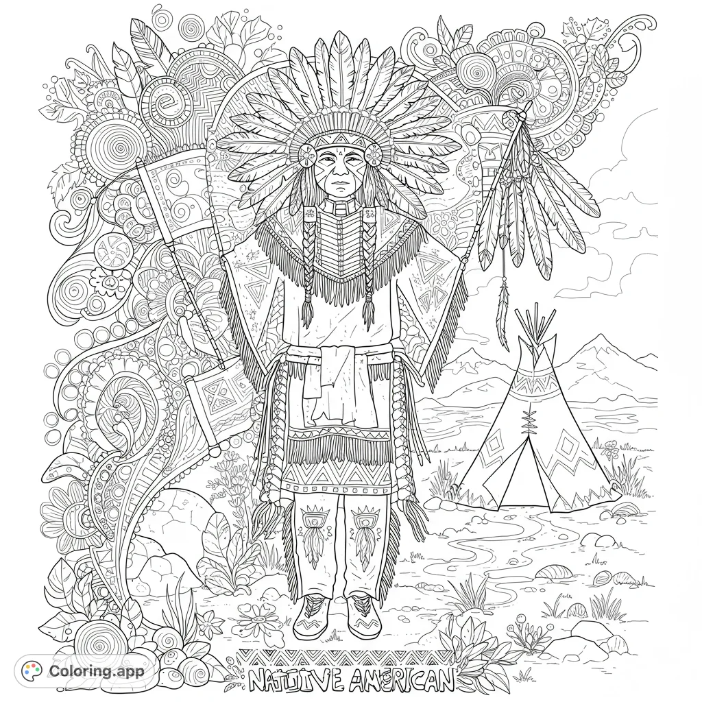 Intricate Native American coloring page featuring a detailed tribal design with feathers, geometric patterns, and a serene landscape. Perfect for adults and kids.