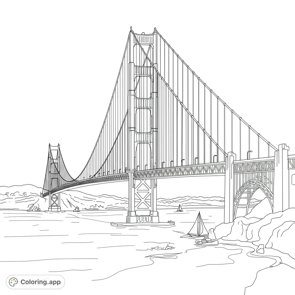 Detailed black and white line art of the Golden Gate Bridge. Features clean lines, open spaces, and intricate details for a fun coloring experience.