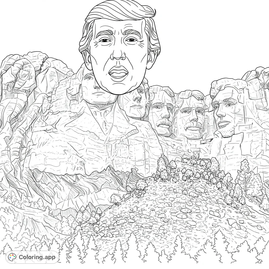 Mount Rushmore coloring page featuring Donald Trump. Bold, clean lines with open spaces for easy coloring.