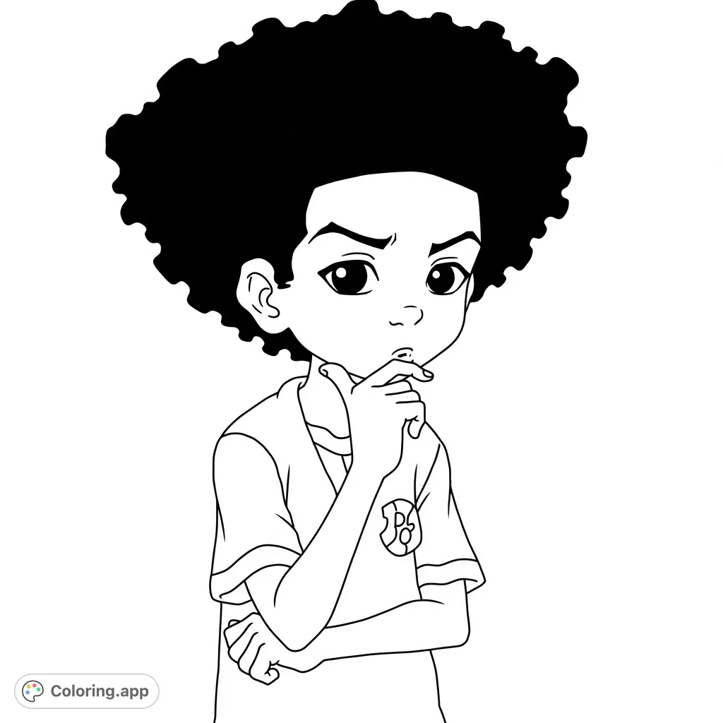 Detailed black and white line art of Huey Freeman in a thoughtful pose. Perfect Boondocks coloring page with clean lines and open spaces for creative coloring.