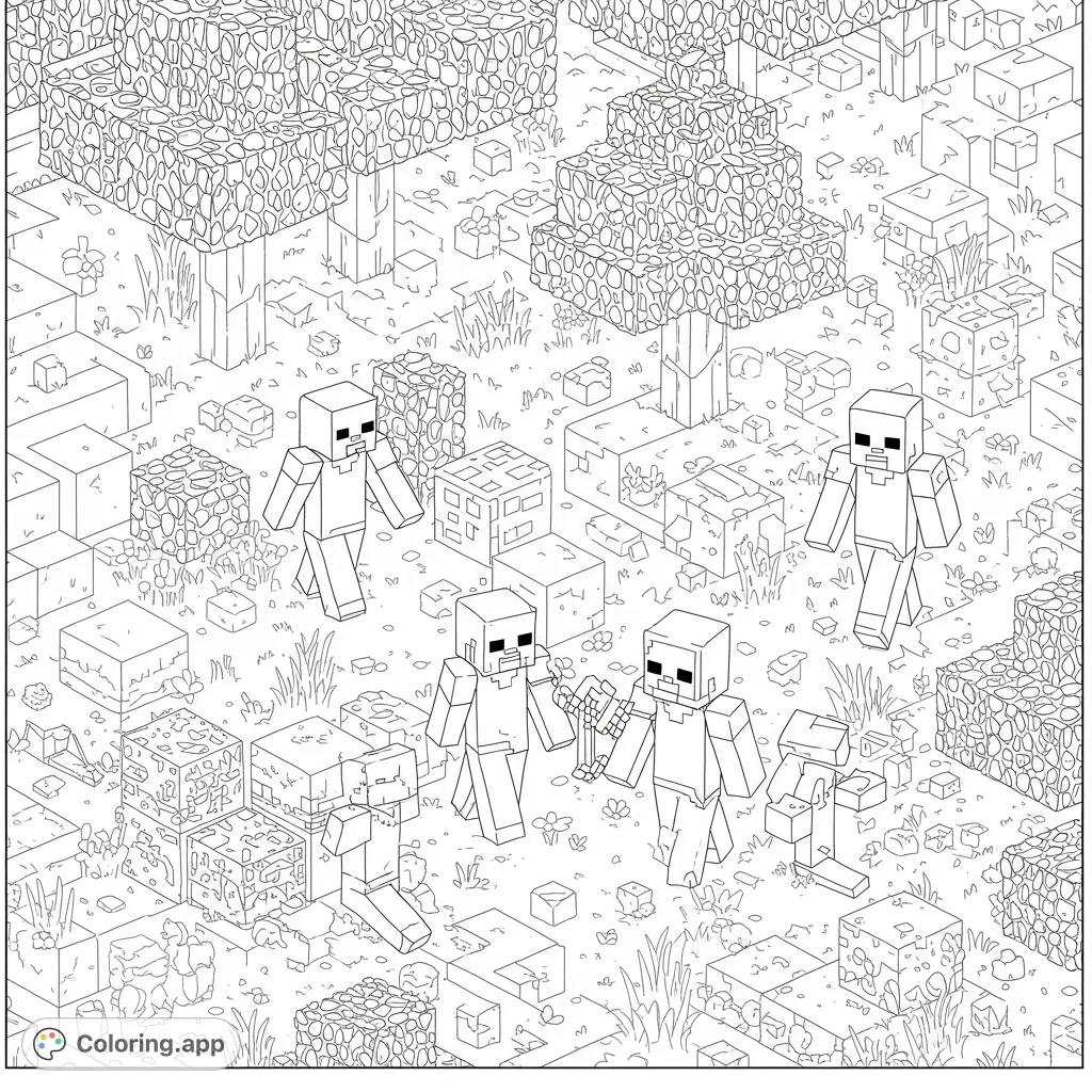 Minecraft zombies wander a blocky forest in this detailed coloring page. Featuring clean lines and open spaces for easy coloring.