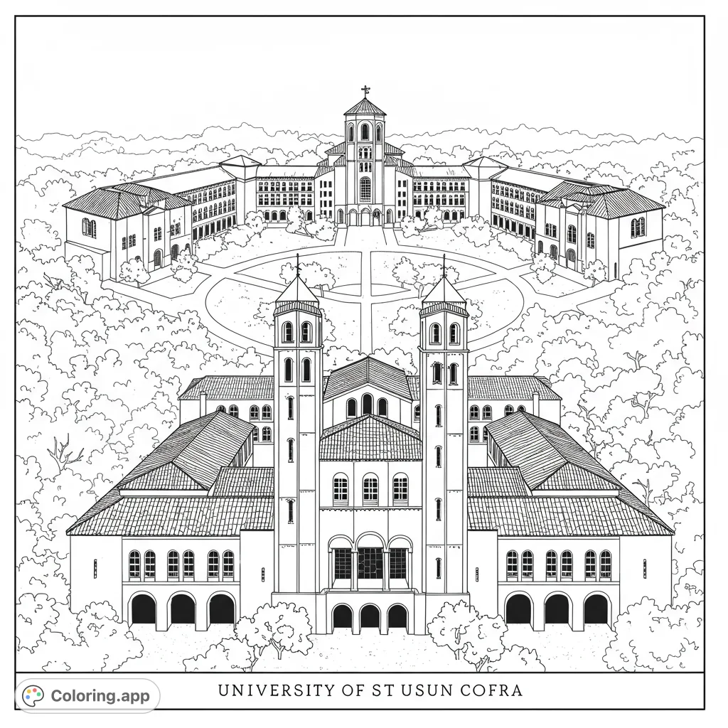 USC coloring page featuring iconic campus landmarks. Clean lines, detailed architecture, and open spaces for easy coloring.