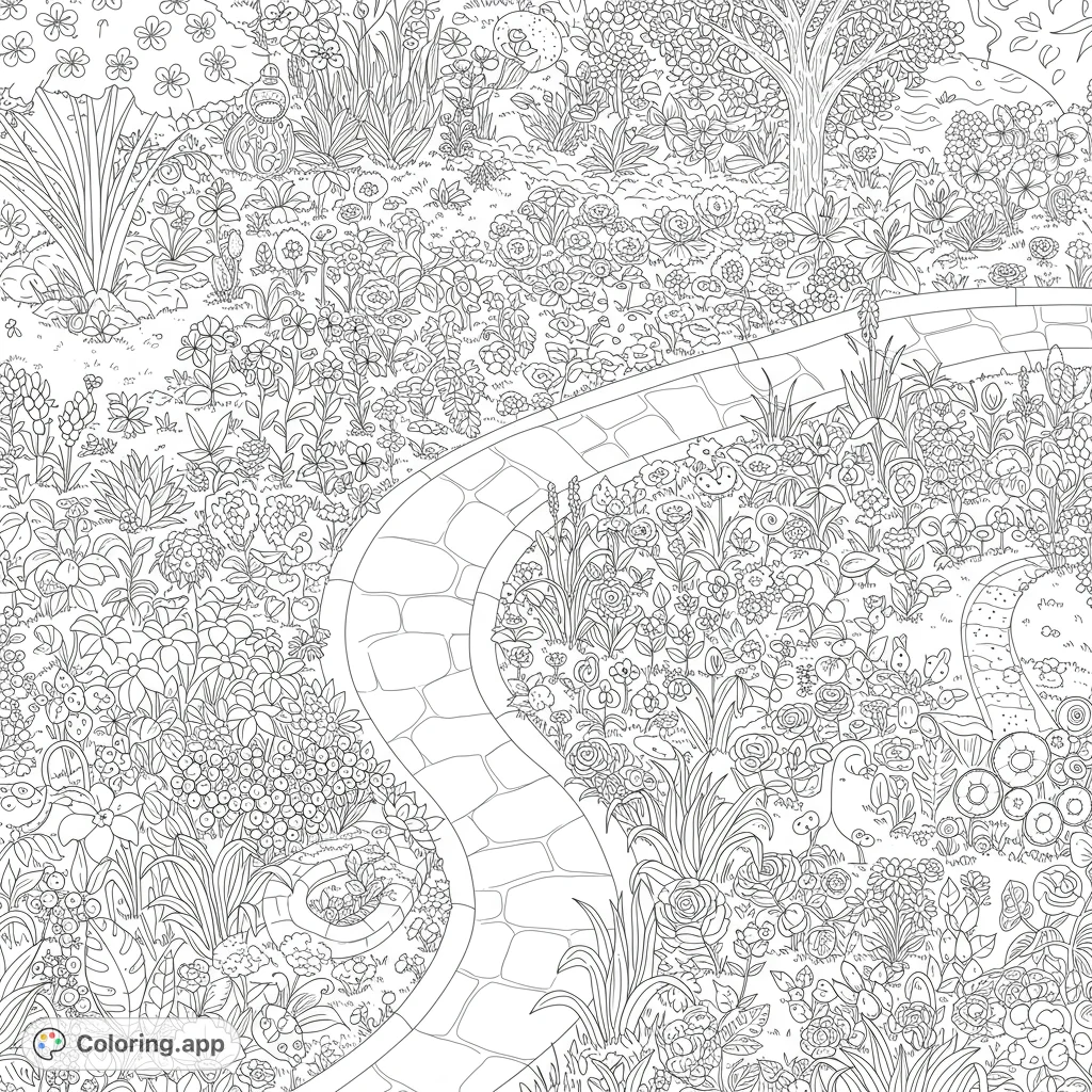 Top-down view of a lush garden with floral patterns and winding paths. Perfect for coloring!