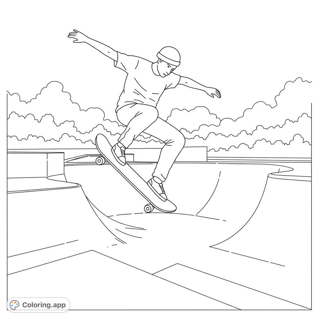 Rad skateboarder catching air! This black and white line art coloring page features a detailed skater with a dynamic pose, perfect for kids and adults to color.