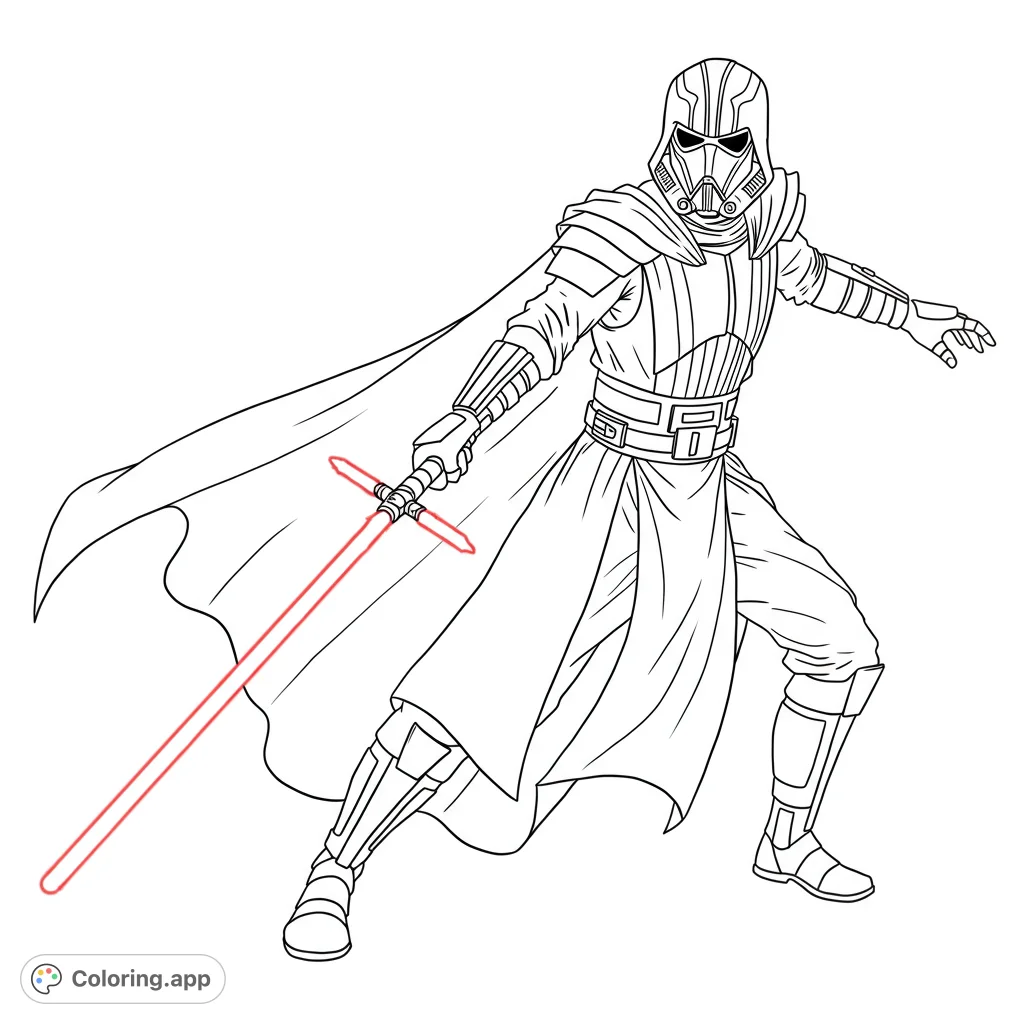 Intricate black and white line art of a menacing Sith Lord. Detailed design with bold lines and open spaces for coloring.