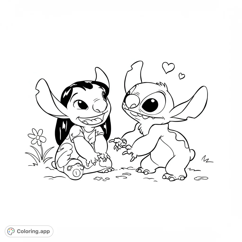 Adorable Lilo and Stitch coloring page! Features the beloved Disney duo in a playful scene with bold, clean lines and open spaces for easy coloring.