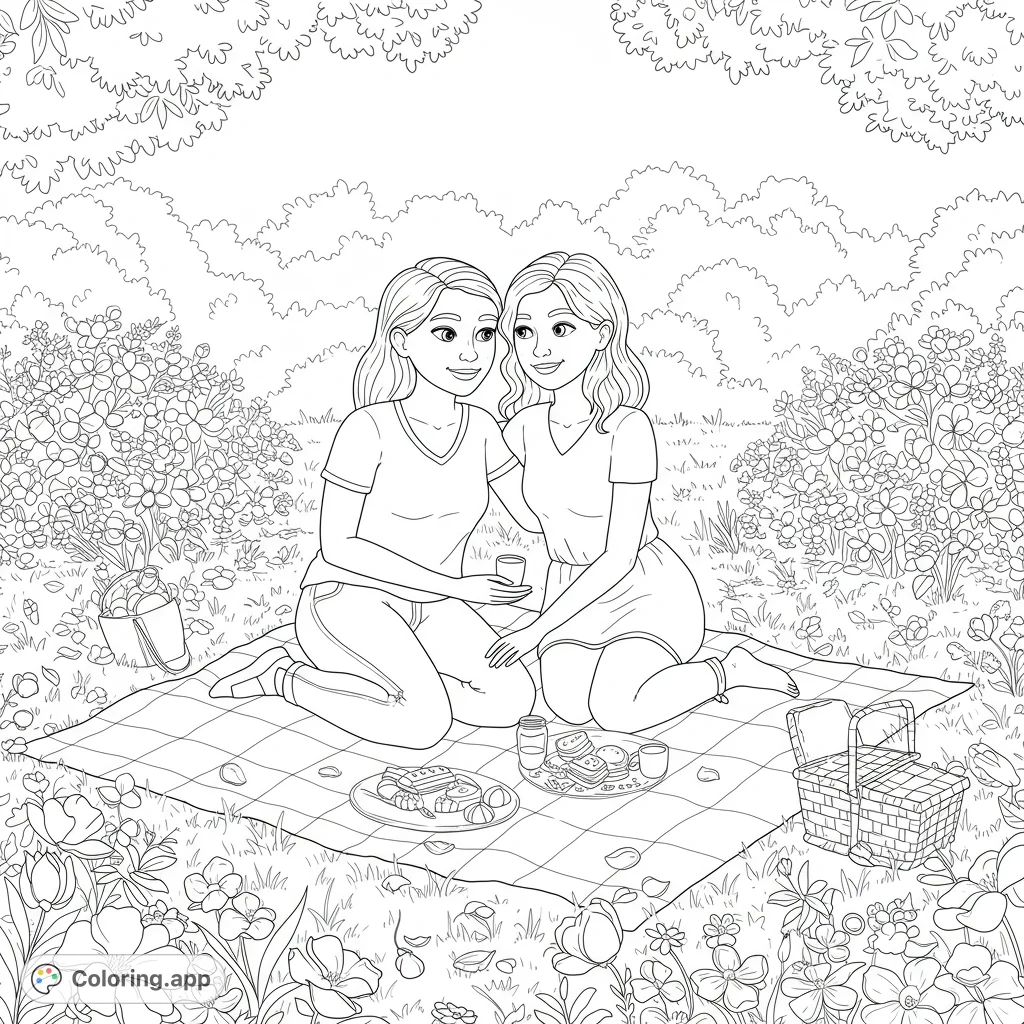 Enjoy this heartwarming coloring page of a lesbian couple's picnic in a sunny park. Features blooming flowers, clean lines, and open spaces for coloring.