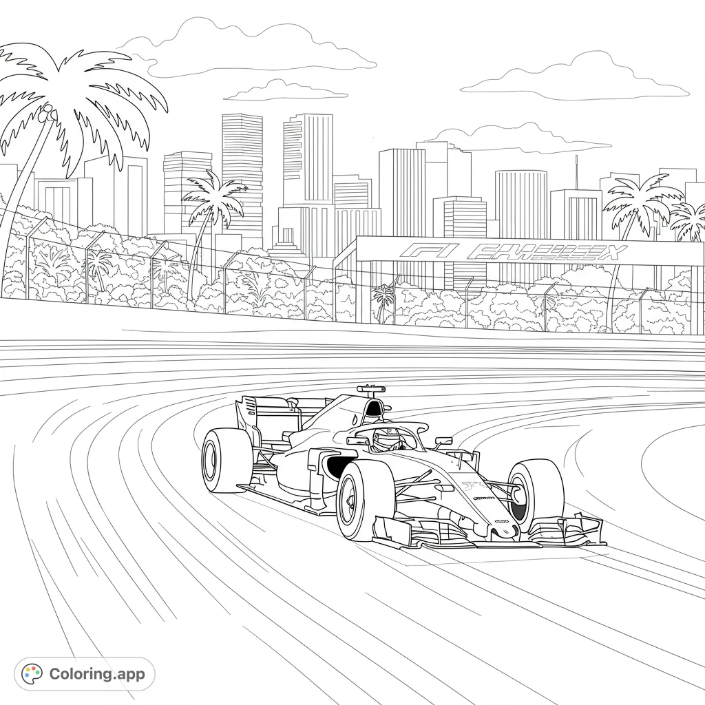 Miami Grand Prix coloring page. Features a detailed Formula 1 race car speeding around the track.