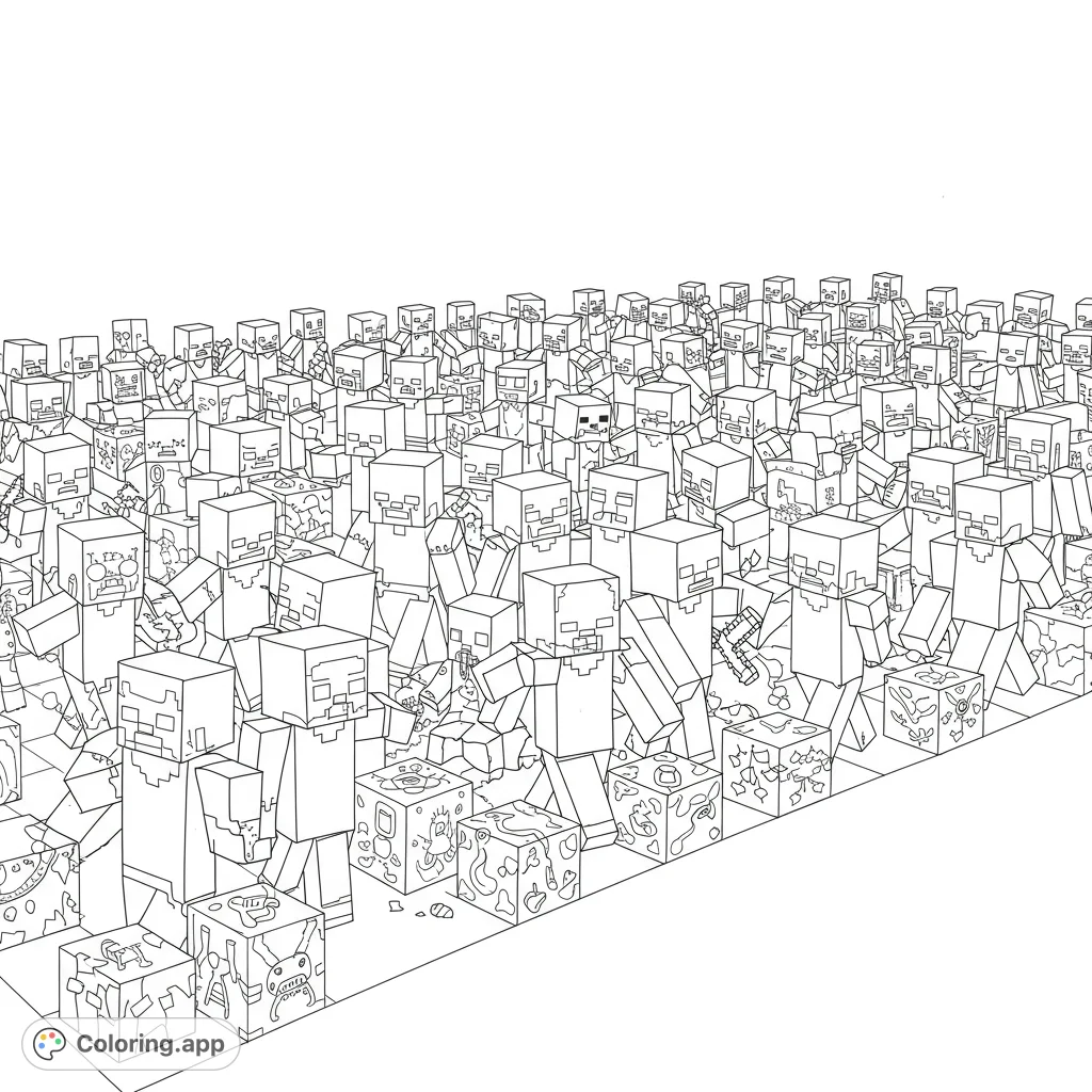 Minecraft zombie horde coloring page. Detailed black and white line art of blocky zombies shambling across a pixelated landscape.