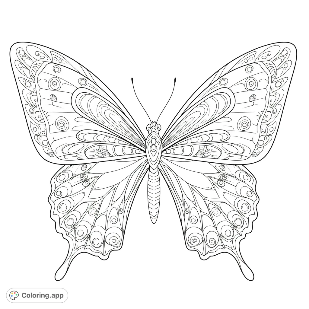 Elegant butterfly coloring page. Features a detailed butterfly with intricate wing patterns and open spaces for easy coloring.