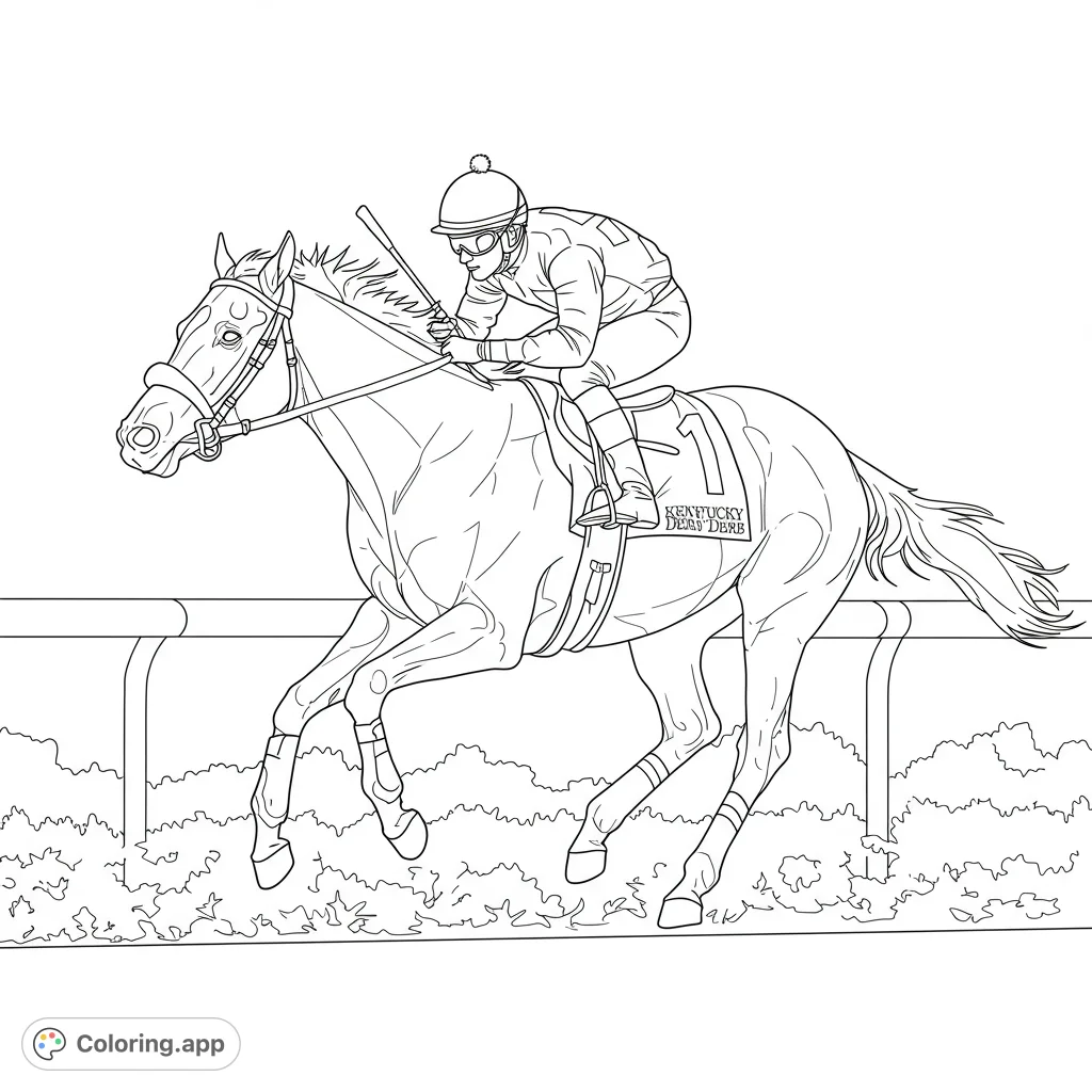 Kentucky Derby coloring page. A detailed black and white line drawing of a racehorse and jockey in action.