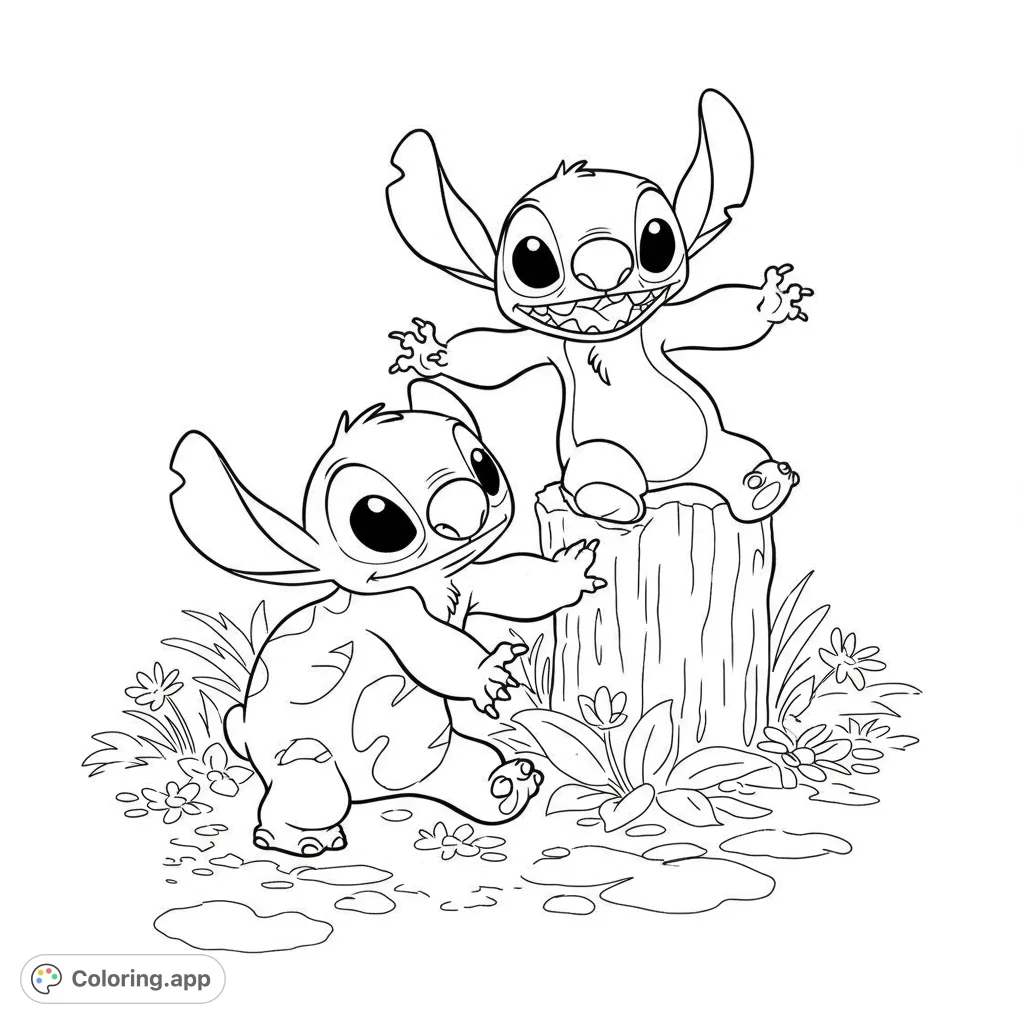 Adorable Lilo and Stitch coloring page! Features the beloved Disney duo in a playful scene with bold, clean lines and open spaces for easy coloring.