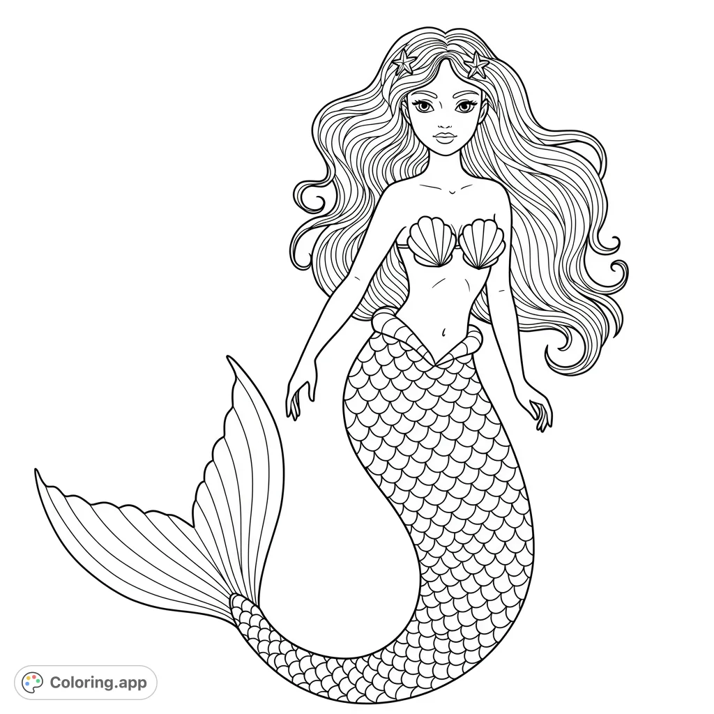 A beautiful mermaid illustration with flowing hair and a detailed tail, perfect for coloring. Features clean lines and open spaces for creative expression.