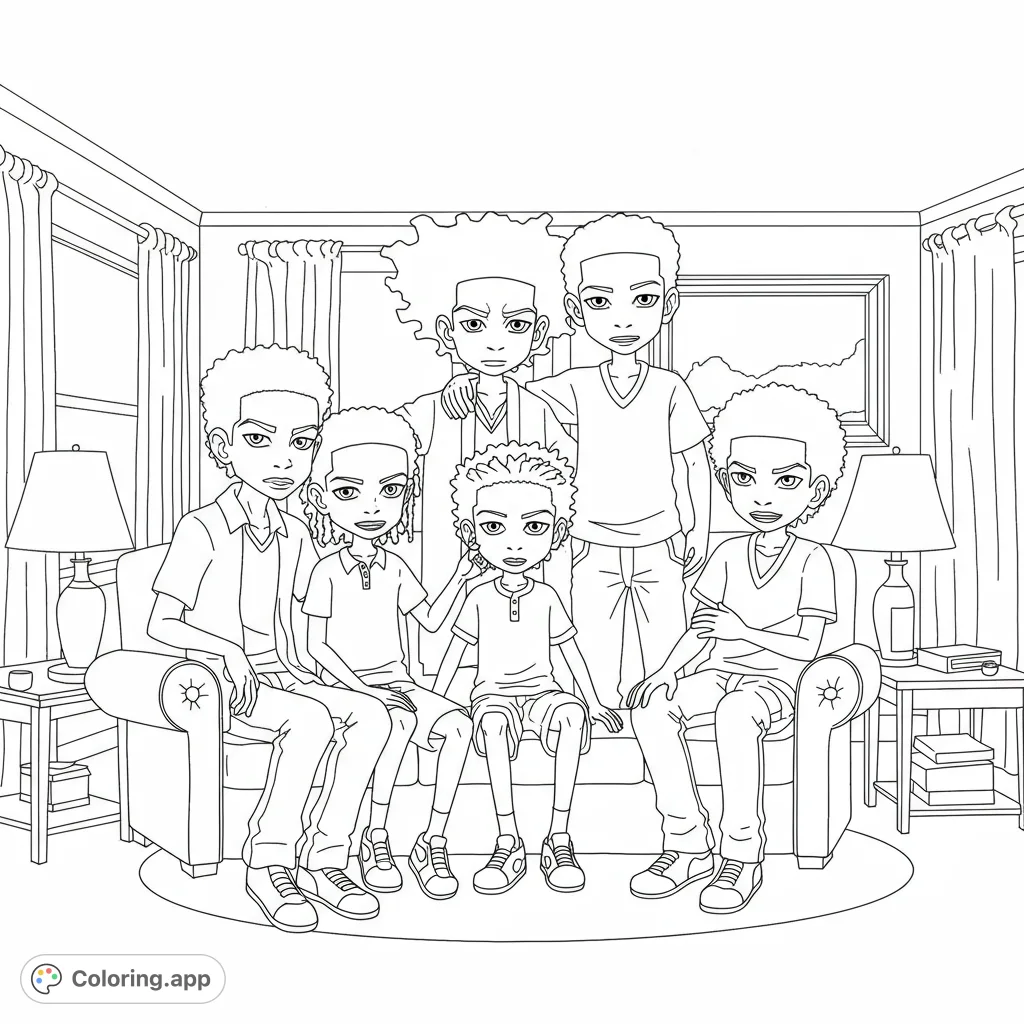 The Freeman family from The Boondocks in their living room, ready for coloring! Features Huey, Riley, and Robert Freeman in a detailed, fun scene.