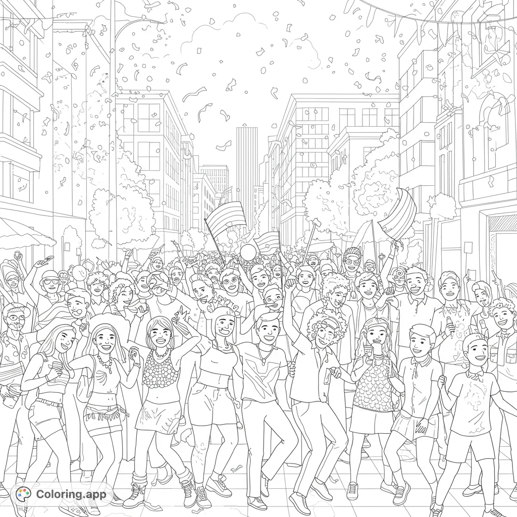 Celebrate Pride! A dynamic black and white line drawing of joyful people dancing and celebrating at the San Francisco LGBTQ+ Pride parade.