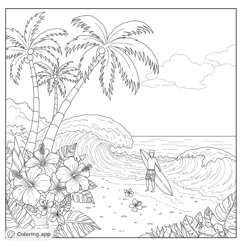 Tropical Hawaii coloring page featuring detailed illustrations of a beach scene with palm trees, hibiscus flowers, and a surfer. Perfect for kids and adults.