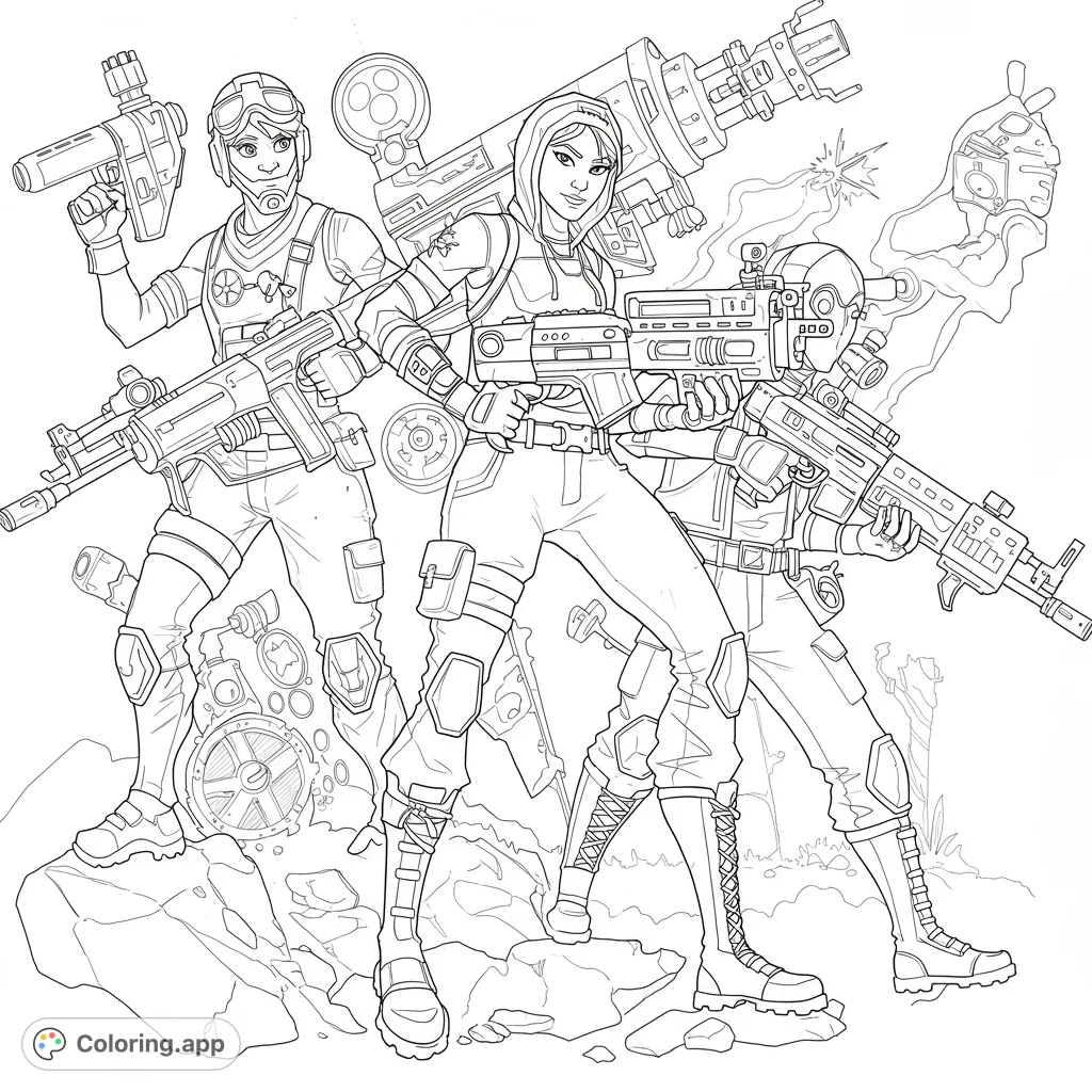 Fortnite coloring page featuring a dynamic action scene with popular characters and weapons. Bold, clean lines and varied details for all ages.