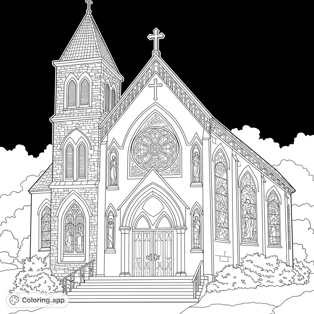 A detailed Catholic coloring page featuring a serene depiction of a church with stained glass windows and a cross. Perfect for kids and adults to color and enjoy.